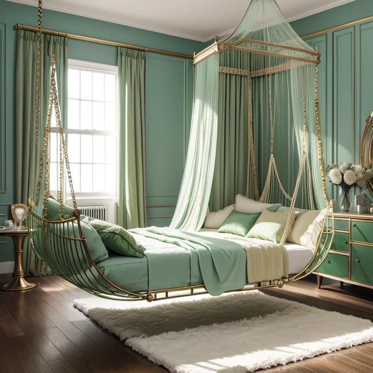 Pastel green and gold Sextoy display in bedroom, leather and glass table and swing and feather diamond swing bed feather blanket and fur blanket hanging chair