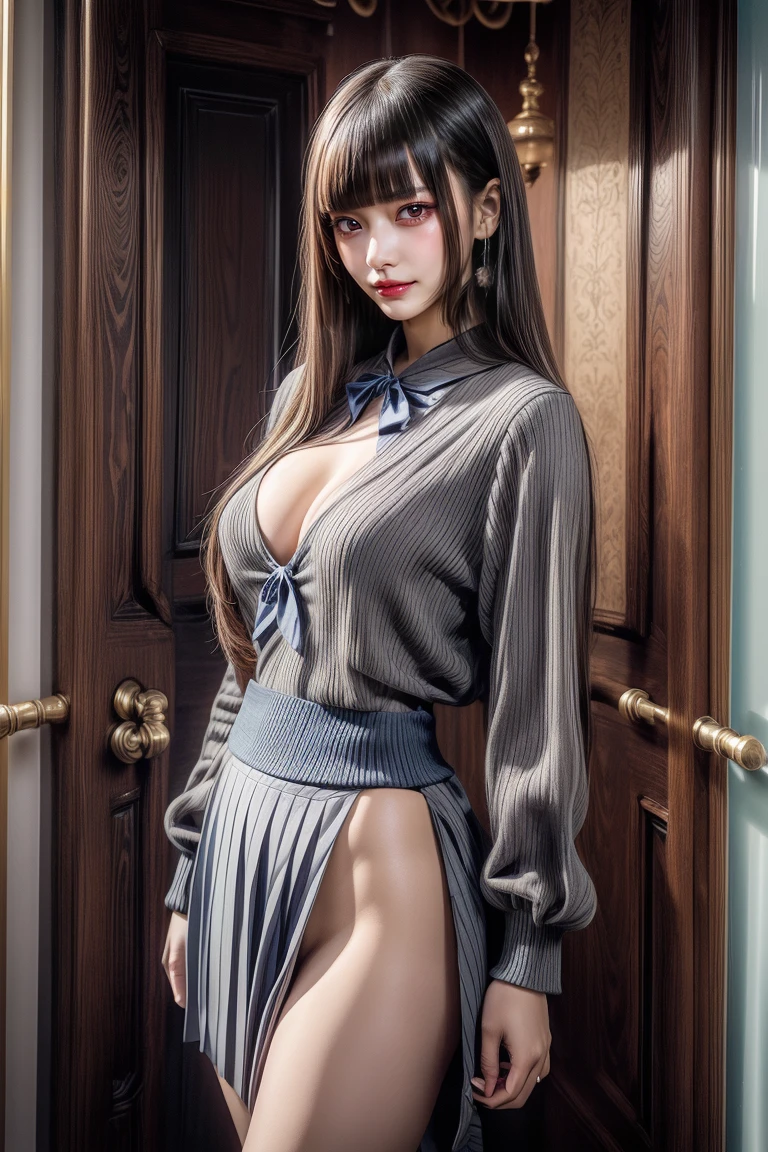 NSFW, cameltoes, Cameltoe-detail, nipple, hard nipple, ULZZANG-6500-V1.1, (RAW-Foto:1.2), (fotorealistisch:1.4), beautiful detailed girl, sehr detaillierte Augen und Gesicht, beautiful detailed eyes, ridiculous, Unbelievably ridiculous, huge filesize, super detailliert, high resolution, sehr detailliert, best quality, Meisterwerk, ((Modekleidung mit verschiedenen Farben, String unten mit Strumpfband)), Illustration, sehr detailliert, CG, vereinheitlicht, 8k Hintergrundbild, amazing, Feine Details, Meisterwerk ,best quality, sehr detailliertes CG-Uniform-8k-Hintergrundbild, Licht im Gesicht, Filmbeleuchtung, 1girls, 16 Jahre alt, Langer gewellter brauner Pferdeschwanz, lockiges Haar, Seitliche Schlitze, (big breasts), ()), (Brille), ((Dynamische Pose))), ((sexy Pose))), (Kamel-Zeh), (half), (Strumpfhose)), ((blue waist skirt))