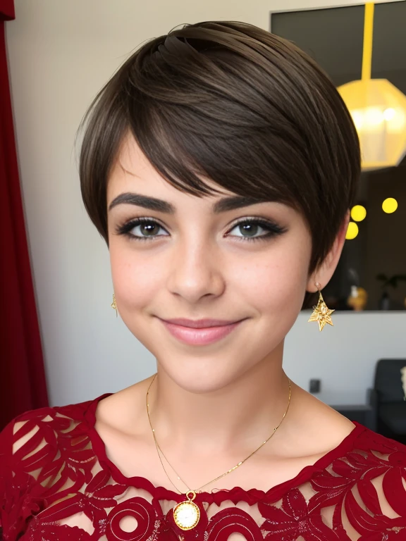 Photo of a -yeld Euean girl, .RAW, beautiful woman,pecas en mejillas y pecho ,hermosos ojos azules(Light brown hair pixie haircut),corte de cabello pixie ((retrato)), ((Cara detallada:1.2)), ((Detailed facial features)), (Piel finamente detallada), beautiful red christmas dress , vestido de Santa Claus ,lindo maquillaje, Purple eyeshadows on eyelids ,Un sexy(cool color), (Masutepiece) (proporciones perfectaotos realistas)(La mejor calidad), NffSW, (8k) (papel tapiz) (cinematic lighting) (Dramatic lighting) (foco nítido) (Enrevesado) , dentro de casa , Christmas decorations , linda sonrisa, cuerpo completo, hermoso cuerpo de mujer , gargantilla negra , aretes de clip