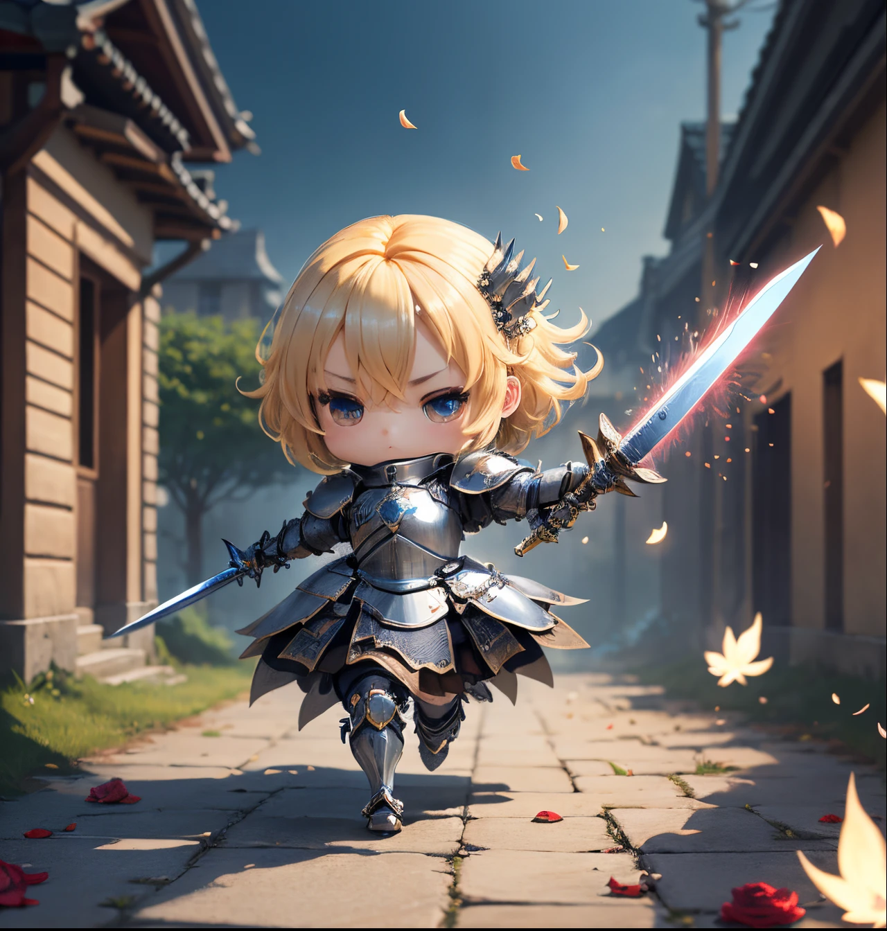 masterpiece、top-quality、ultra-detailliert、(chibi character knight:1.2)、blonde hair swaying in the wind、wraith、Very long sword、spark of light、running、Rose petals flutter