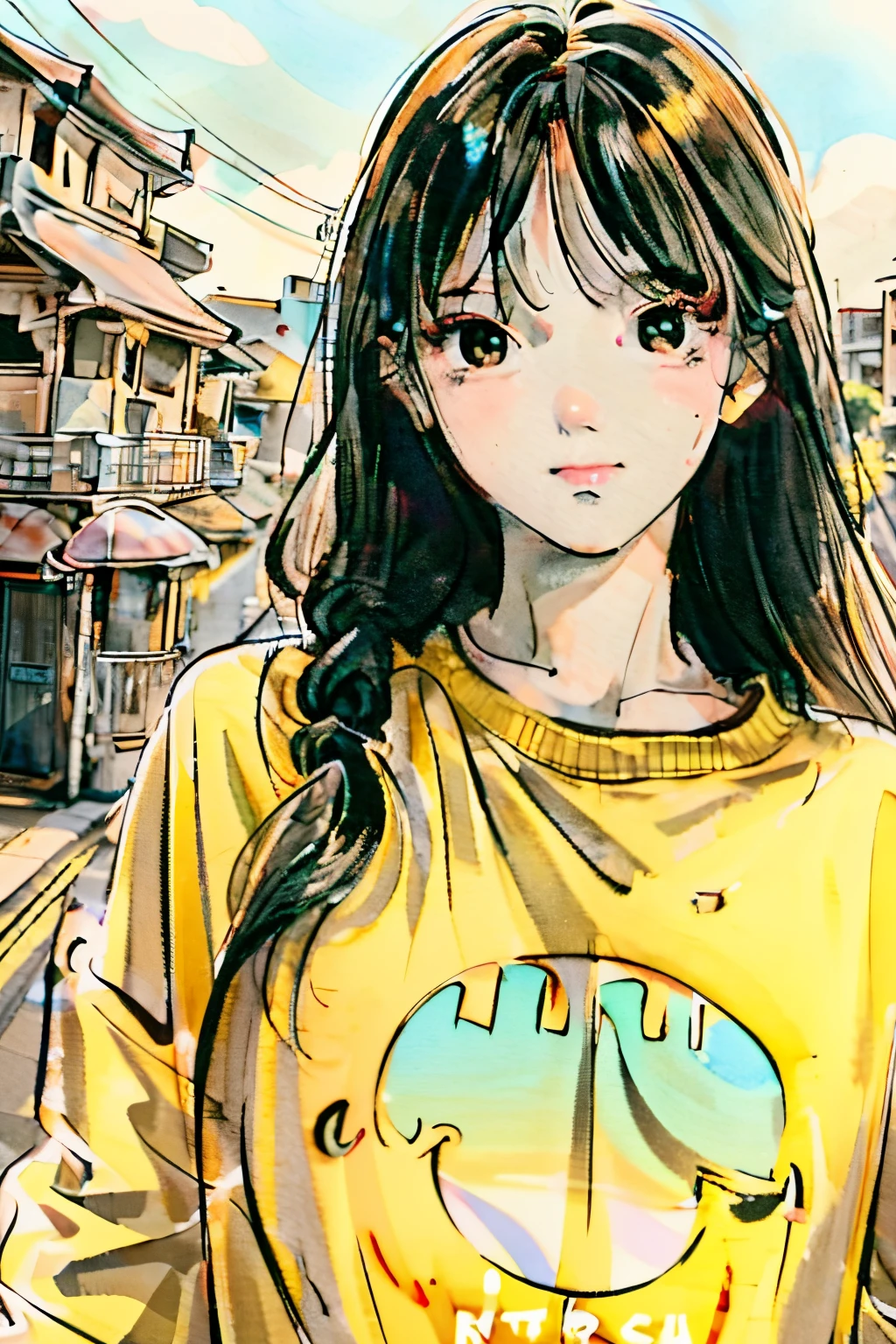 1girls,highres, High Quality,Hair coloring,Shoulder length,Turn to the right,45 degree,The backdrop is urban.,morning,Wear a light yellow shirt.,
