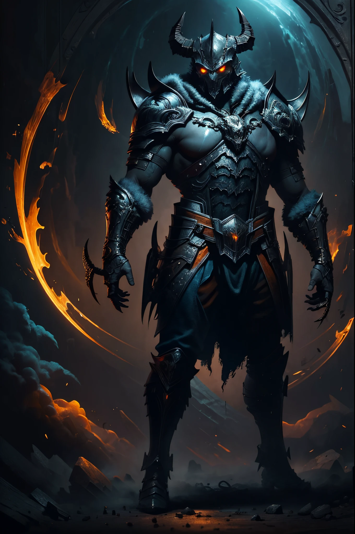 gothic art, lightand shade contrast, Standing painting, estimate, holland angle, emphasis lines, tmasterpiece, acurate, Anatomically correct, A high resolution, Best quality at best, super detailing, Award-Awarded，D14BL0 style scorpion，Huge pliers，There are sharp bone spurs on the legs，hairy back，arthropods，Epic war fantasy digital art，Correct anatomy，(greg rutkovsky:0.8), (cyan and orange:0.4），