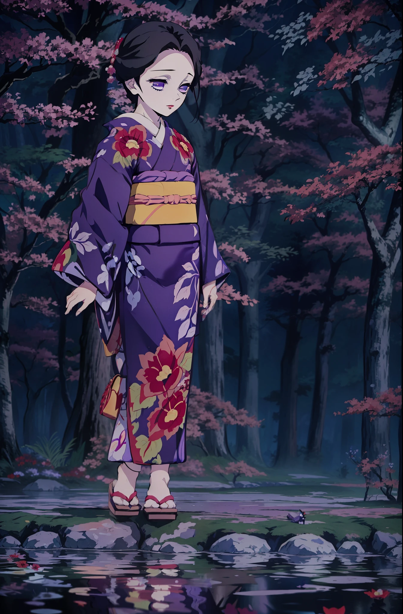 (masutepiece, Best Quality:1.2), kimetsu no yaiba style, Tamayo, (1girl in, Solo), Full body, (Short hair, Black hair, Hair Ornament), Purple eyes, makeup, Red lips, (Purple kimono, flowery kimono, red flower kimono, Long sleeves, Wide sleeves), (old Japanese style sandals, Zuri), (Good old Japanese socks, tabi), standing in the forest, night dark