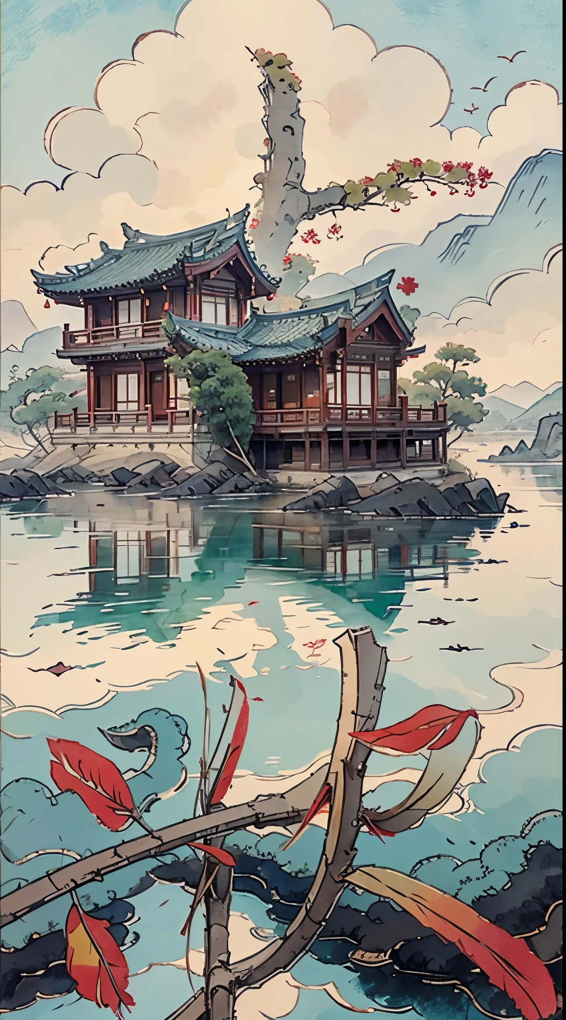 Mountain painting with a pagoda on a small island, chinese watercolor style, chinese painting style, digital painting of a pagoda, Chinese landscape, traditional Chinese watercolor painting, chinese paintings, Japan Art Style, High detail watercolor 8K, highly detailed water colour 8 k, detailed painting 4 k, author：heroes, japanese painting, author：Qu Leile