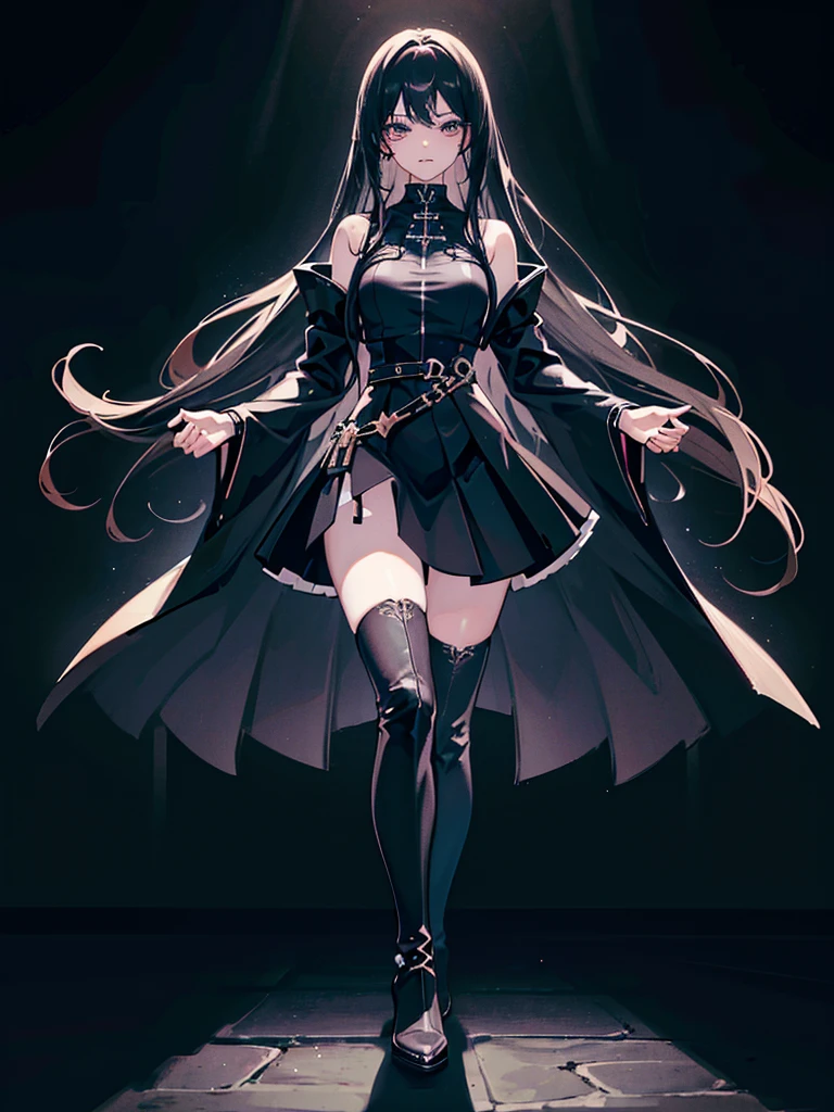 ((Best quality, 8k)), 19 year old female, dark angel, 1 girl, perfect body, perfect hair, perfect face, pretty, serious, ultra detailed, body, lips, and skin texture, waist long hair, pure black hair, pure black eyes, fully clothed with skirt and boots, anime in real life, cinematic lighting