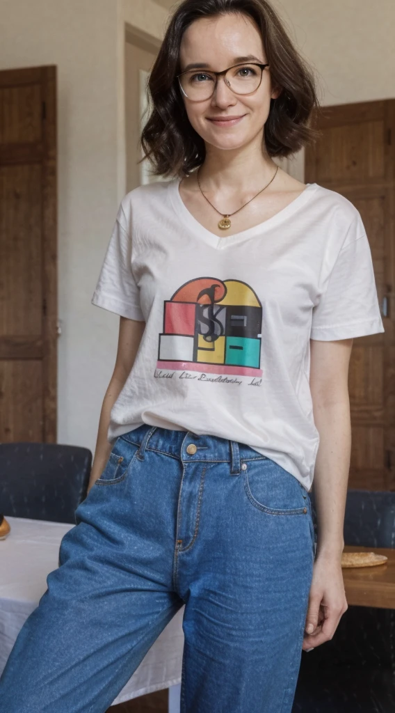 smiling woman with glasses and a necklace, wearing a periodic table graphic tshirt and loose fitting pants with rainbow suspenders, wearing red chuck taylor sneakers, nerdy smile, awkward, geek, poor skin, dull flat hair, person does not exist, entire person visible, scientist, ugly face, frumpy body, dressed casually, fully dressed, homely, unattractive, amanda lilleston-bebe neuwirth-celina jade-julia leigh merged, entire body visible