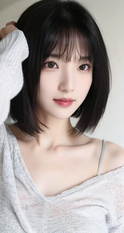 masutepiece,Best Quality,1girl in,White background,Black hair,Face front,emotive faces,close up,studio lights,studio,side lights,Makeup portrait,Central plane,medium breasts,White skin,Shiny skin,Model,Smile,