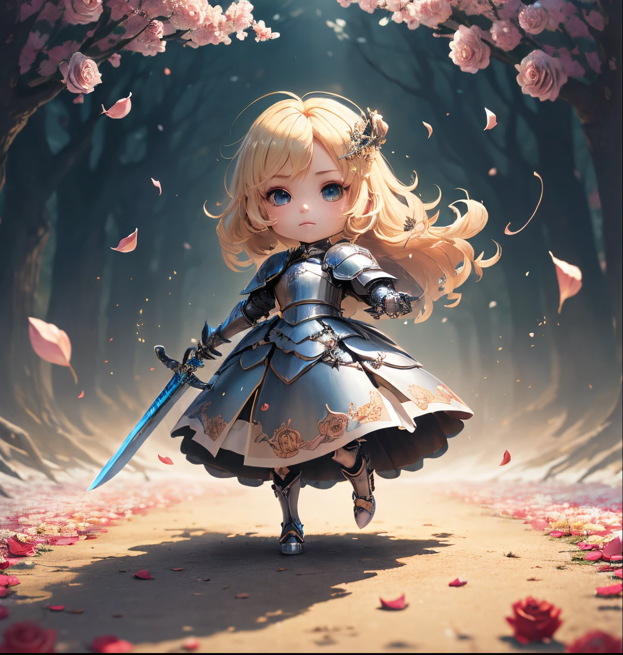 ​masterpiece、top-quality、ultra-detailliert、(chibi character knight:1.2)、blonde hair swaying in the wind、wraith、Very long sword、spark of light、Running、(Rose petals flutter:1.2)、Fairytale Forest