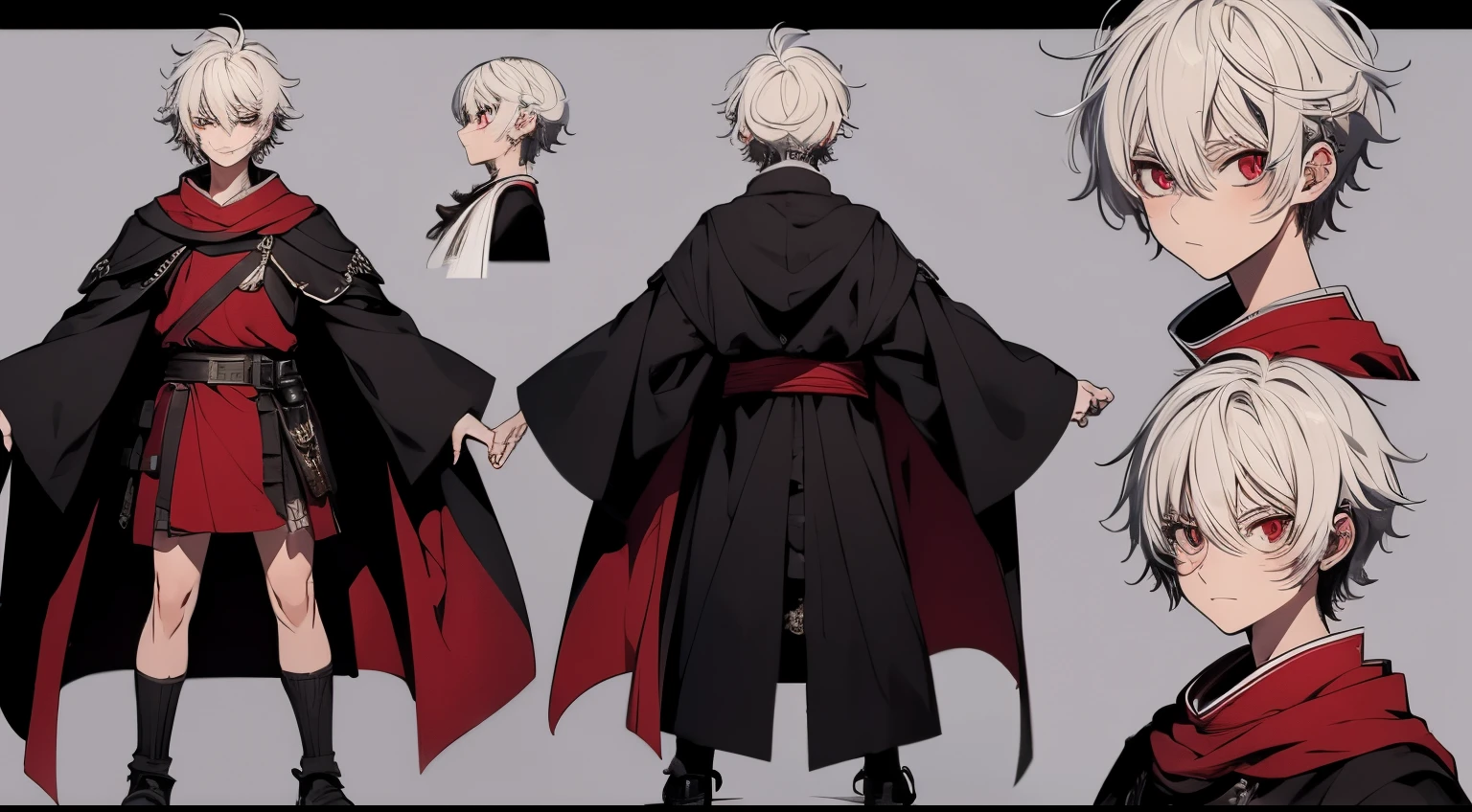 (Detailed, masterpiece, best quality) detailed, character sheet ( the same person , smile, anger, sad)A 6 years old boy, with white hair and red eyes, tanned skin, short messy hair, wearing dark robes, kentaro miura art style, vagabond art style, close up, determined, strong gaze ,good posture, perfect ???????, solo, masterpiece, 4k, wide angle, detailed, character sheet (the same person, front, back , side)