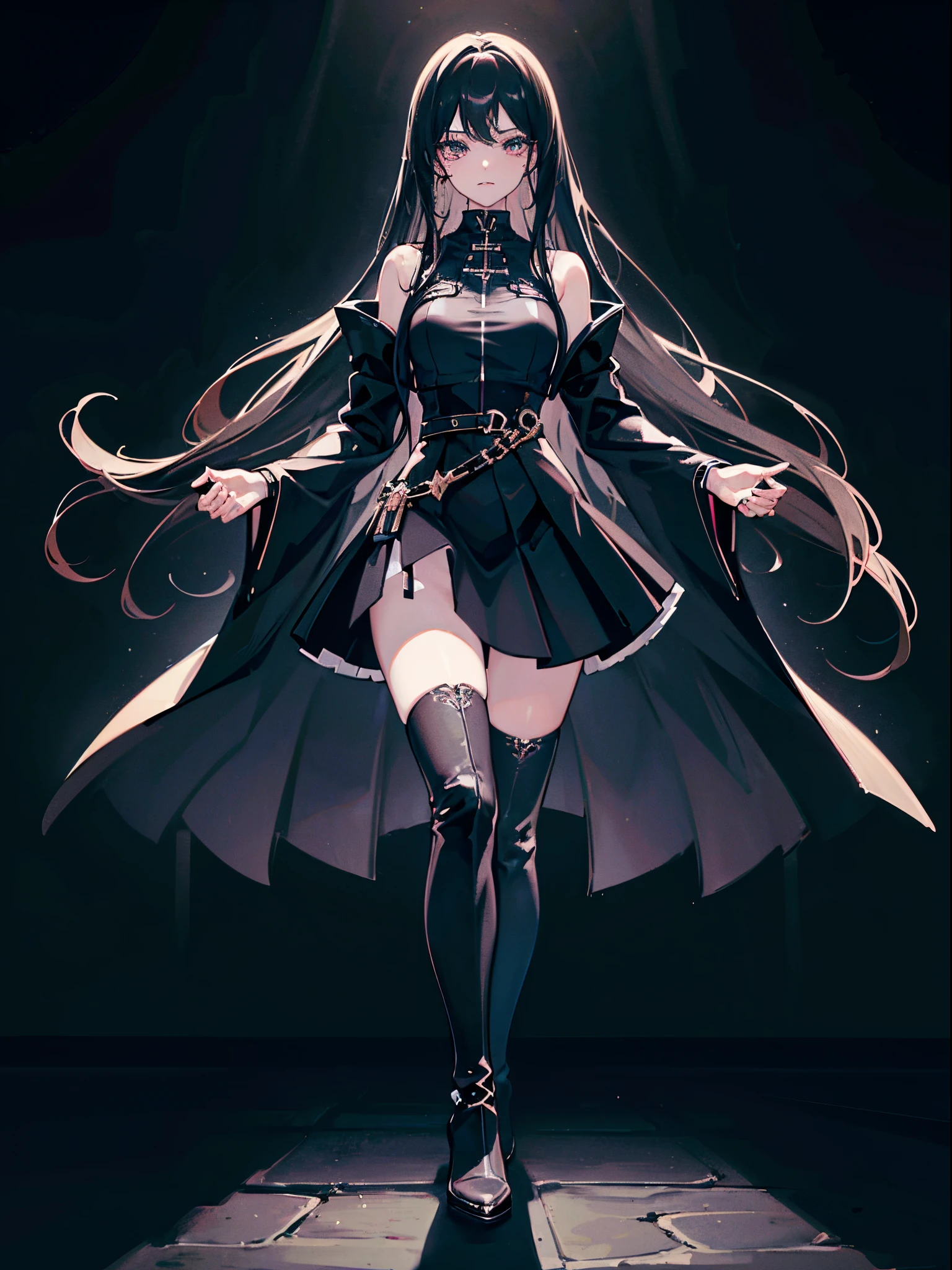 ((Best quality, 8k)), 19 year old female, dark angel, 1 girl, perfect body, perfect hair, perfect face, pretty, serious, ultra detailed, body, lips, and skin texture, waist long hair, pure black hair, pure black eyes, fully clothed with skirt and boots, anime in real life, cinematic lighting