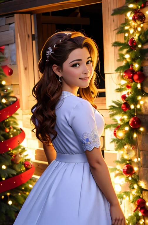 Obra maestra, La mejor calidad, Altas Resoluciones, HDR, Ultra detallado, Altas Resoluciones, fondo de pantalla CG 8k extremadamente detallado, Ilustraciones perfectas, Figura femenina perfecta, 1girl, aerith Gainsborough, hermosa chica adolescente , 14 year old , wear christmas dress, vestido de Santa Claus, maquillaje,  Mirando al espectador, sonrisa linda  ,Back garden, fiesta, divercion , hermosa sonrisa , penado con trenza, gran trenza , maquillaje , long light brown hair , fondo variado , adornos de navidad