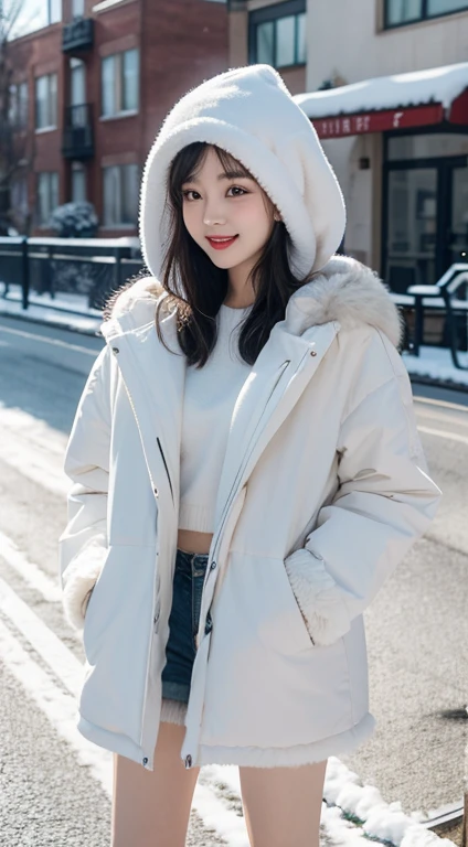 Best quality at best, 4K, 8K, Detailed faces,Full body photo,placed in a,Clear face, beuaty girl, Korean makeup, Redlip, Smilingly, perfect body figure,shoulder-length short hair,small,legs long,Slim,thin, Girl wearing long and wide fur coat, There a top tube and a hood underneath the jacket, lower abdom, snow landscape, Winters, the street,
