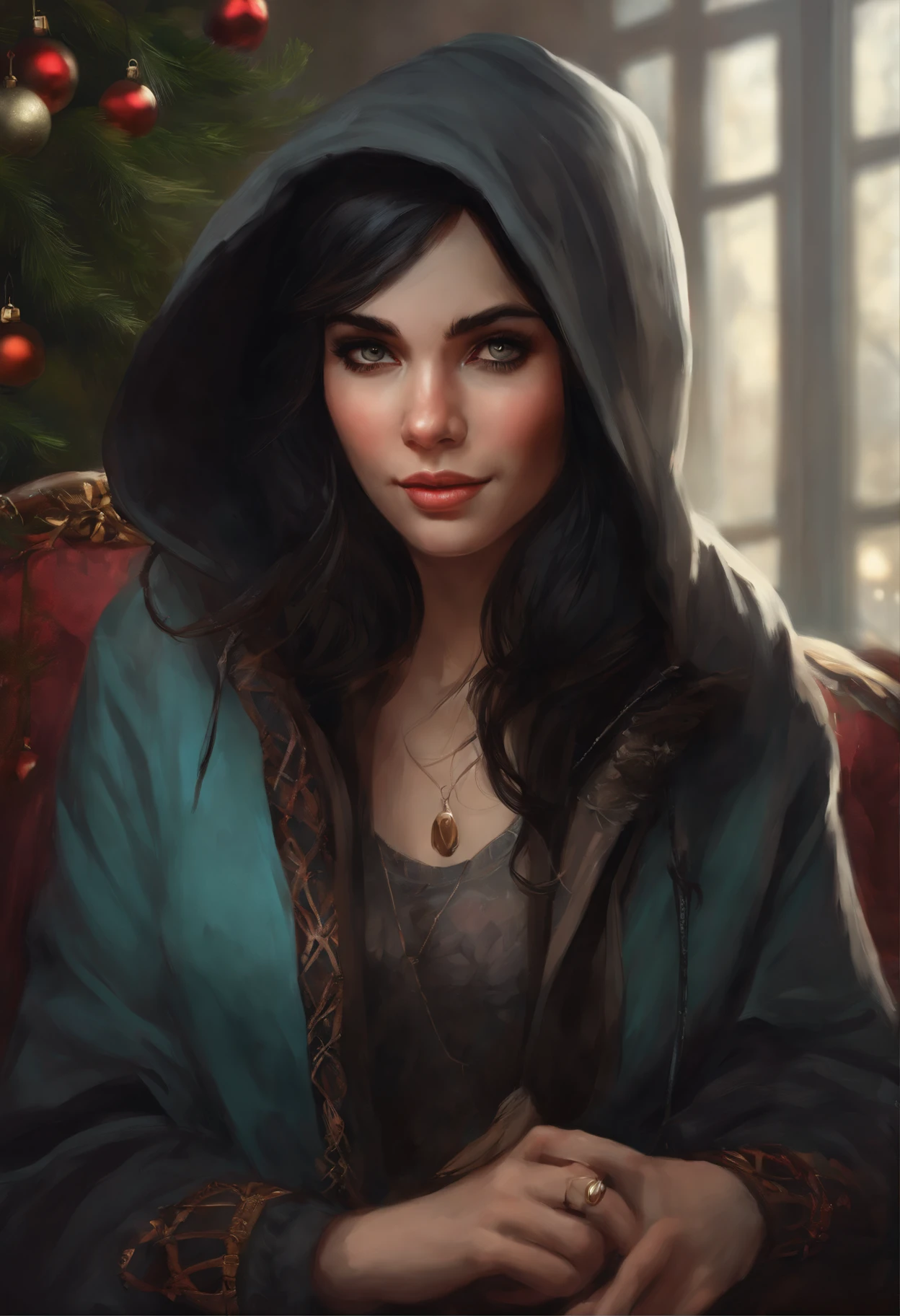 realistic art style, in the art style of bowater, 8K Artgerm Bokeh, Christmas morning, a painting, Fantastic tale, Christmas style, John Tolkien style, Small painting by Jean-Baptiste Monge , Picture of a rocker girl with a hood on her head,Straight black hair sticks out from the hood, sitting in front of the Christmas tree, Portrait of a rocker girl with black straight hair , Soft facial features, With light makeup, dark pink lips, lip shape"pearlescent" ,"curved eyebrows in the shape of Engriberts, Cyan eyes, heavy-lidded eye shape, Rocker Girl, sitting in a chair kicking your leg, Wears black leggings, Wear a hoodie with cloth horns and ears, Human Hand, Very clear without flaws with five fingers, mischievous character, fireplace, Christmas tree, Gifts, ,artwork in the style of guweiz, detailed character portrait, extremely detailed artgerm, artgerm and atey ghailan, charlie bowater art style, Jean-Baptiste Monge, anthropomorphic --ar 2:3 --testp -optimistic; straight hair