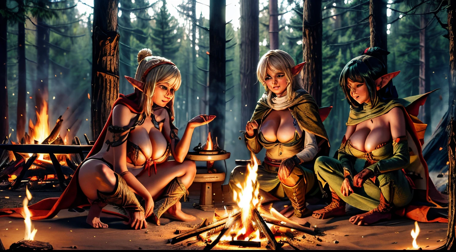 Three female elves around a bonfire at a campsite, giga_busty