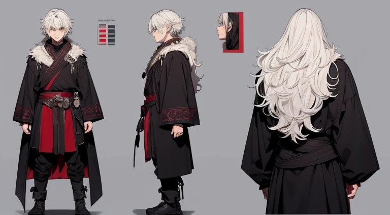 Detailed, masterpiece, best quality) detailed, character sheet ,A 6 years old boy, with white hair and red eyes, tanned skin, short messy hair, wearing dark robes, kentaro miura art style, vagabond art style, close up, determined, strong gaze ,good posture, perfect anatomy, solo, masterpiece, 4k, detailed, character sheet (the same person, front, back , side), hyper realistic , detailed lighting, delicate shadows