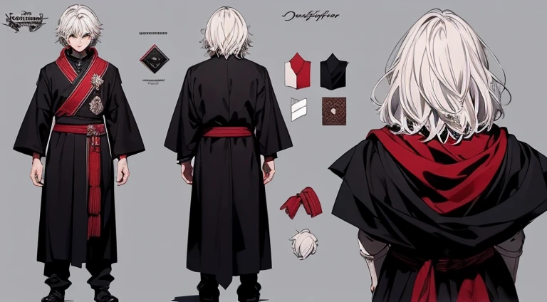Detailed, masterpiece, best quality) detailed, character sheet ,A 6 years old boy, with white hair and red eyes, tanned skin, short messy hair, wearing dark robes, kentaro miura art style, vagabond art style, close up, determined, strong gaze ,good posture, perfect anatomy, solo, masterpiece, 4k, detailed, character sheet (the same person, front, back , side), hyper realistic , detailed lighting, delicate shadows