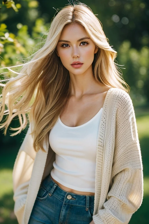 1girl in, age19, Solo, Long hair, Colossal , Looking at Viewer, blondehair, Bare shoulders, Brown eyes, jewely, Full body, a necklace, off shoulders, Sweaters, Realistic, A sexy
