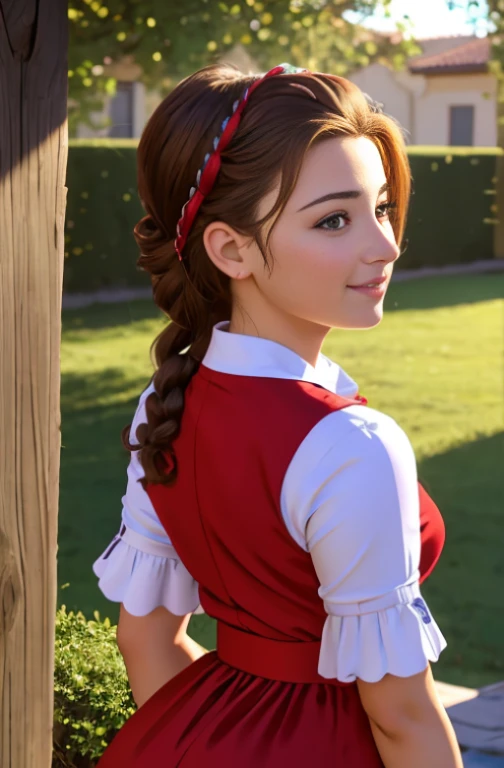 Obra maestra, La mejor calidad, Altas Resoluciones, HDR, Ultra detallado, Altas Resoluciones, fondo de pantalla CG 8k extremadamente detallado, Ilustraciones perfectas, Figura femenina perfecta, 1girl, aerith Gainsborough, hermosa chica adolescente , 14 year old , wear christmas red dress, vestido de Santa Claus, maquillaje, Mirando al espectador, sonrisa linda ,Back garden, fiesta, divercion , hermosa sonrisa , penado con trenza, gran trenza , maquillaje , long light brown hair , fondo variado , adornos de navidad