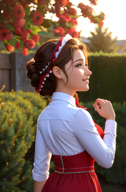 Obra maestra, La mejor calidad, Altas Resoluciones, HDR, Ultra detallado, Altas Resoluciones, fondo de pantalla CG 8k extremadamente detallado, Ilustraciones perfectas, Figura femenina perfecta, 1girl, aerith Gainsborough, hermosa chica adolescente , , wear christmas red dress, vestido de Santa Claus, maquillaje, Mirando al espectador, sonrisa linda ,Back garden, fiesta, divercion , hermosa sonrisa , penado con trenza, gran trenza , maquillaje , long light brown hair , fondo variado , adornos de navidad