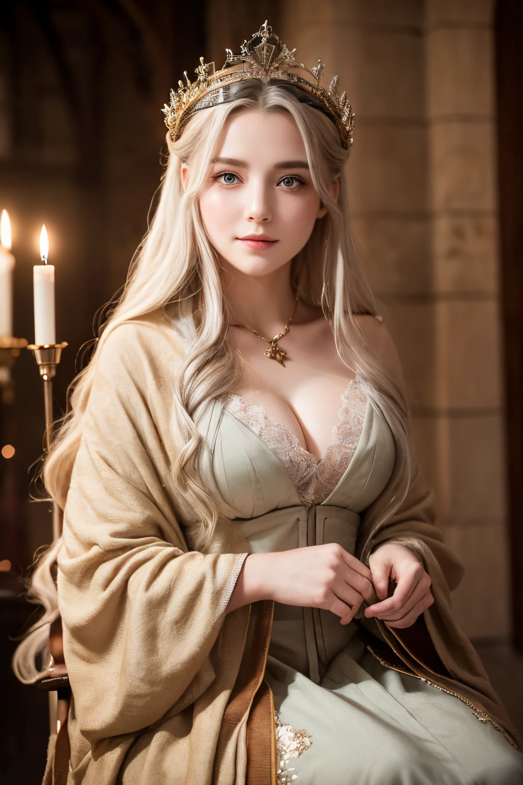 (((a deep reddish wound crosses her left cheek))) fair complexion, woman around 30 years old, natural white hair, distinctive green eyes, wearing kohl, sitting on the throne, slender and graceful, beautiful, candlelight in a medieval setting, best quality, ultra high res, Raw photo, Nikon D850, backlight, rimlight, bright sunlight, film grain:1.2, (warm hue, warm tone:1.2), (color photo), ultra sharp focus, realistic shot, medieval female clothes, tetradic colors (scar:1.4), ((fullbody)), whole body capture, wearing a crown, medium breast, breasts cleavage, eyes on camera, face on camera, smilling face,