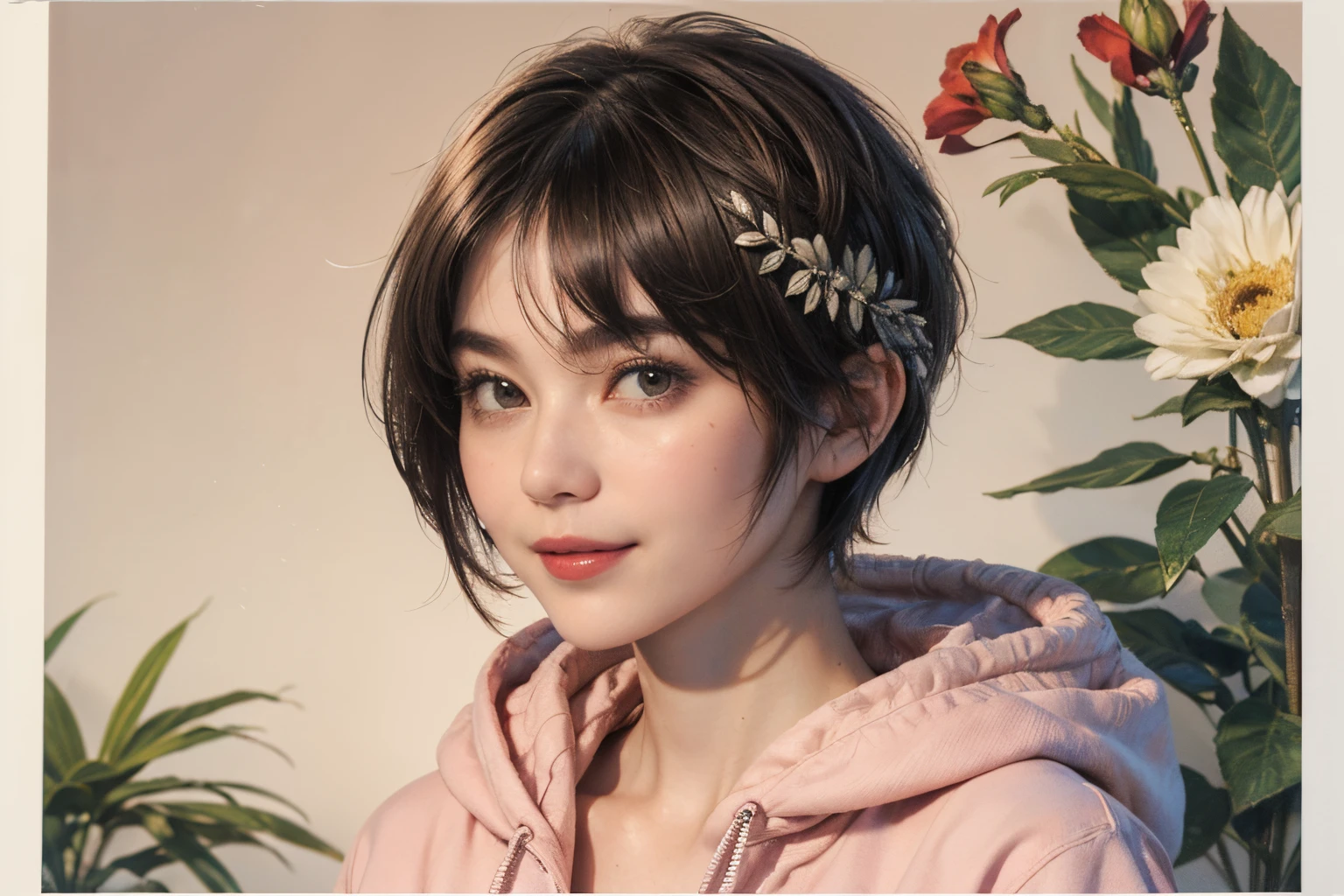 132
(a 20 yo woman,Wearing sportswear), (A hyper-realistic), (high-level image quality), ((beautiful hairstyle 46)), ((short-hair:1.46)), (Gentle smile), (breasted:1.46), (lipsticks), (Large room), (florals), (wearing hoodies)