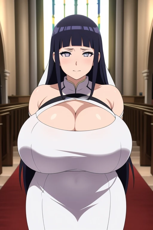 bride hinata in an extremely tight wedding dress, with her extremely_gigantic _huge_breasts naked in church, best quality, hentai pose, detailed face,detailed breasts, detailed eyes, highres