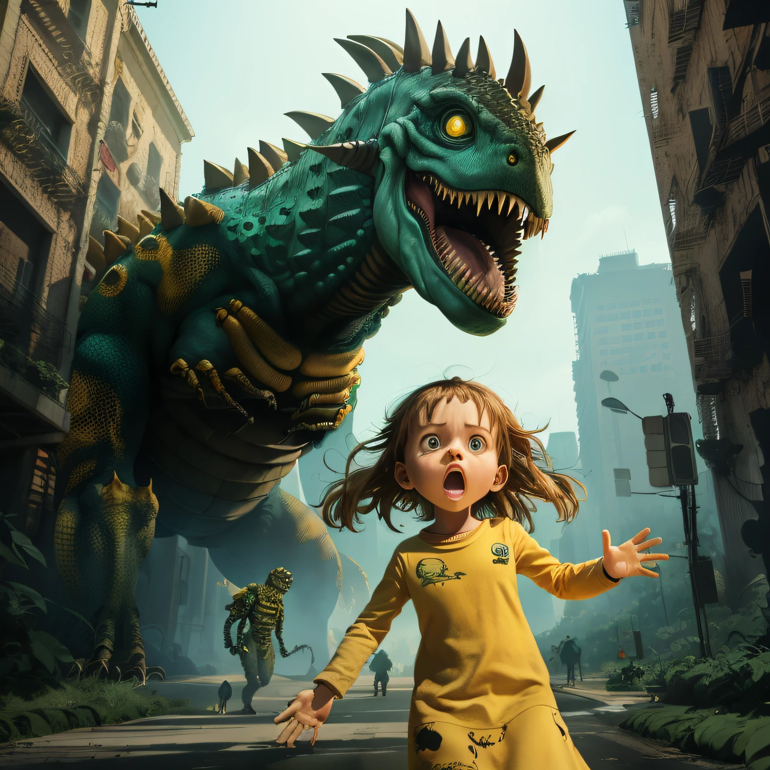 (Best quality at best,4K,8K,A high resolution,tmasterpiece:1.2),ultra - detailed,actual,realisticlying:1.37,A young girl stands in front of a dinosaur,Background with robot monster,3 d animated movie,stylized fantasy artwork,cg art,3D epic illustrations,Realistic fantasy rendering,ogre,scary creatures in background,Threatening!,fearsome!!!,computer graphics image processing,computer generated art,Fantastic blend of illustration and reality,monsters in the background,Still from an animated horror movie