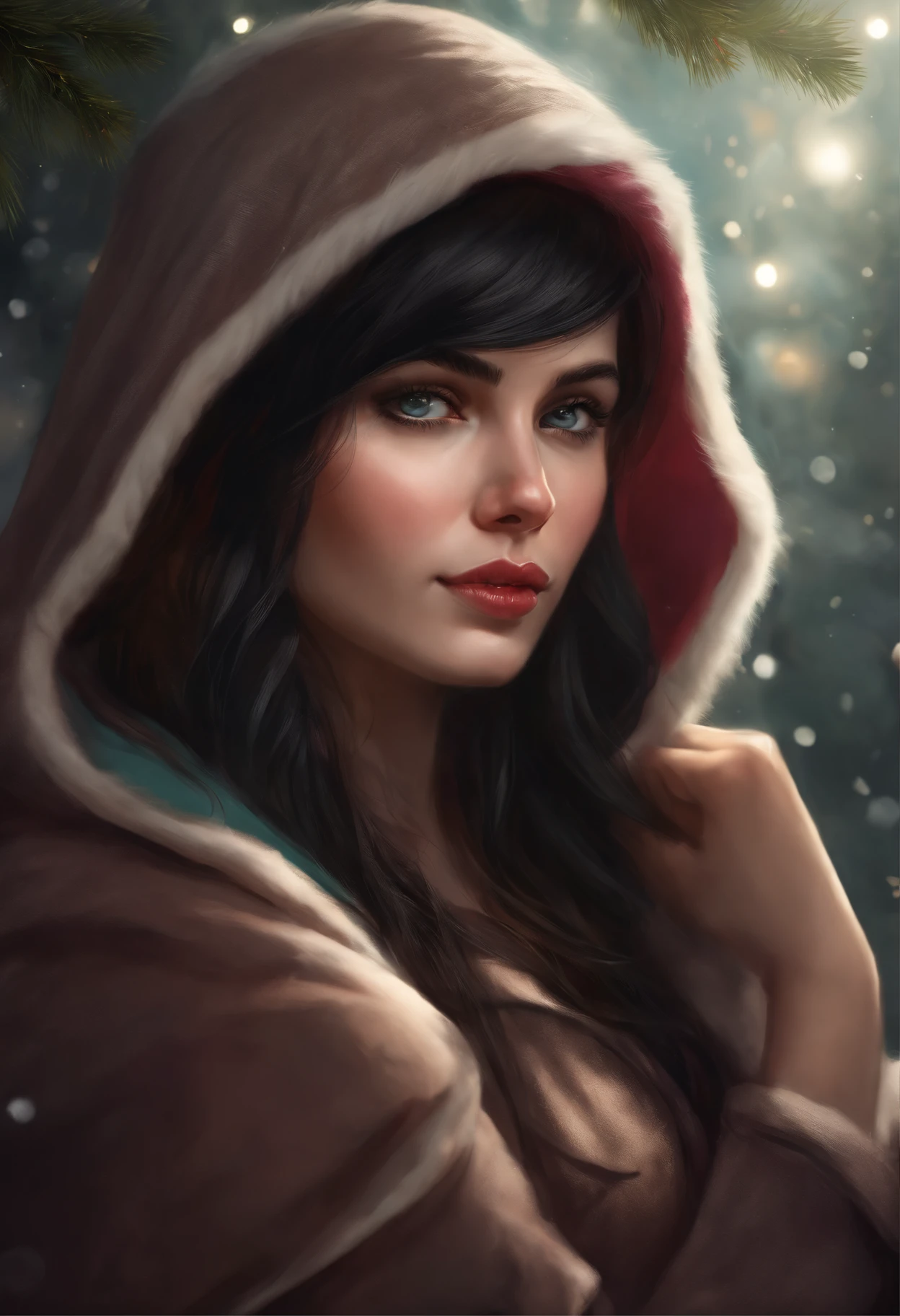realistic art style, Modern style,  in the art style of bowater, 8K Artgerm Bokeh, Christmas morning, a painting, Fantastic tale, Christmas style, John Tolkien style, Small painting by Jean-Baptiste Monge ,   Photo of a rocker with a hood on her head,Straight black hair sticks out from the hood., sitting in front of the Christmas tree,  Portrait of a rocker girl with black straight hair , Soft facial features,  With light makeup,  dark pink lips,  lip shape"pearlescent" ,"curved eyebrows in the shape of Engriberts, Cyan eyes,  heavy-lidded eye shape,   Rocker Girl, sitting on chair, kicking yourself, Wears black leggings,  Wear a sweatshirt with fabric horns and ears.,  Human Hand, Very clear without flaws with five fingers,  mischievous character, fireplace, Christmas tree, Gifts, ,artwork in the style of guweiz, detailed character portrait, extremely detailed artgerm, artgerm and atey ghailan, charlie bowater art style, Jean-Baptiste Monge, anthropomorphic --ar 2:3 --testp -optimistic;  straight hair