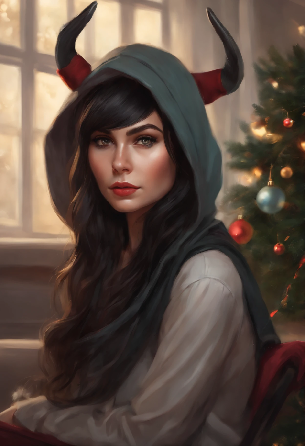 realistic art style, Modern style, in the art style of bowater, 8K Artgerm Bokeh, Christmas morning, a painting, Fantastic tale, Christmas style, John Tolkien style, Small painting by Jean-Baptiste Monge , Photo of a rocker with a hood on her head,Straight black hair sticks out from the hood., sitting in front of the Christmas tree, Portrait of a rocker girl with black straight hair , Soft facial features, With light makeup, dark pink lips, lip shape"pearlescent" ,"curved eyebrows in the shape of Engriberts, Cyan eyes, heavy-lidded eye shape, Rocker Girl, sitting on chair, kicking yourself, Wears black leggings, Wear a sweatshirt with fabric horns and ears., Human Hand, Very clear without flaws with five fingers, mischievous character, fireplace, Christmas tree, Gifts, ,artwork in the style of guweiz, detailed character portrait, extremely detailed artgerm, artgerm and atey ghailan, charlie bowater art style, Jean-Baptiste Monge, anthropomorphic --ar 2:3 --testp -optimistic; straight hair