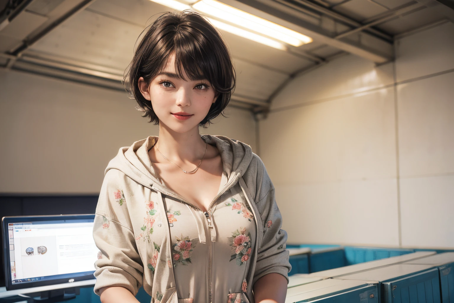 132
(a 20 yo woman,Wearing sportswear), (A hyper-realistic), (high-level image quality), ((beautiful hairstyle 46)), ((short-hair:1.46)), (Gentle smile), (breasted:1.46), (lipsticks), (Large room), (florals), (wearing hoodies)