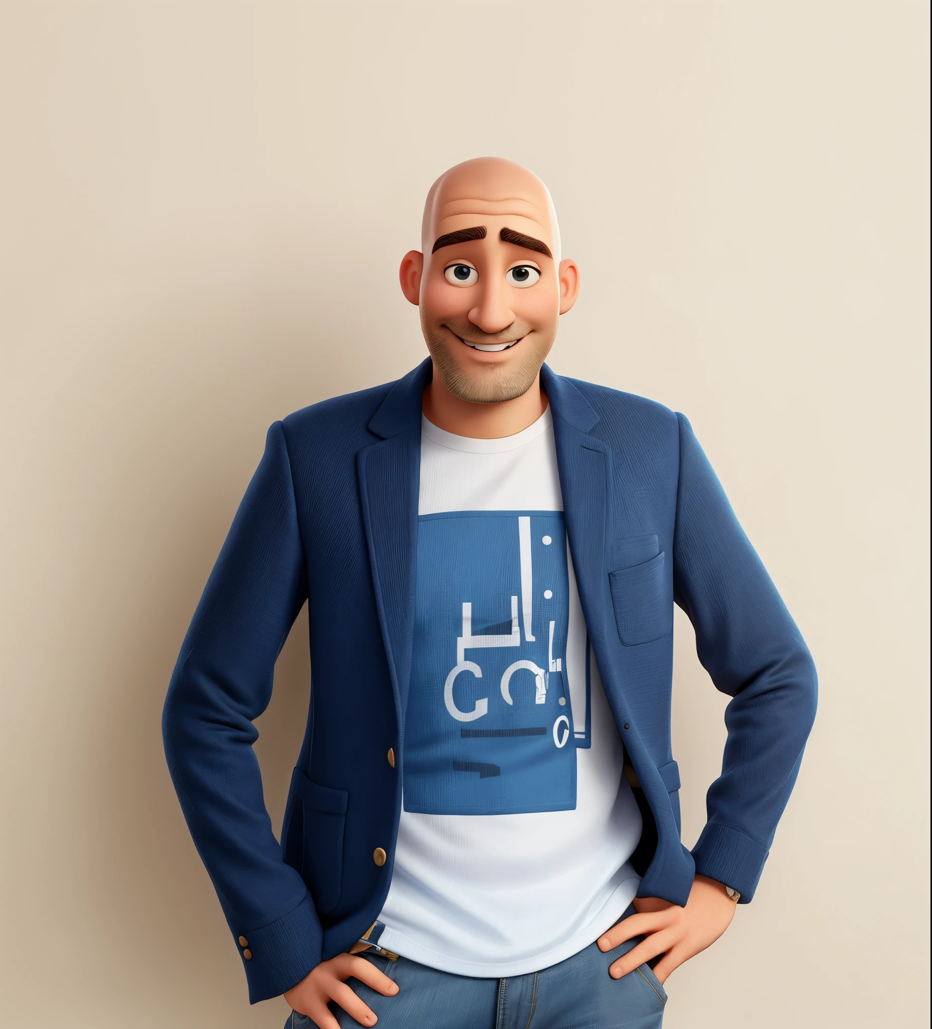 3d character pixar disney style of, arafed bald man narrow mouth head smile teeth in a blue jacket and white shirt mini beard standing with his hands on his hips, anton fedeev, piotr jablonski, tomasz strzalkowski, miro petrov, marcin rubinkowski, alexey gurylev, michal mraz, matej ‘retro’ jan, kacper niepokolczycki