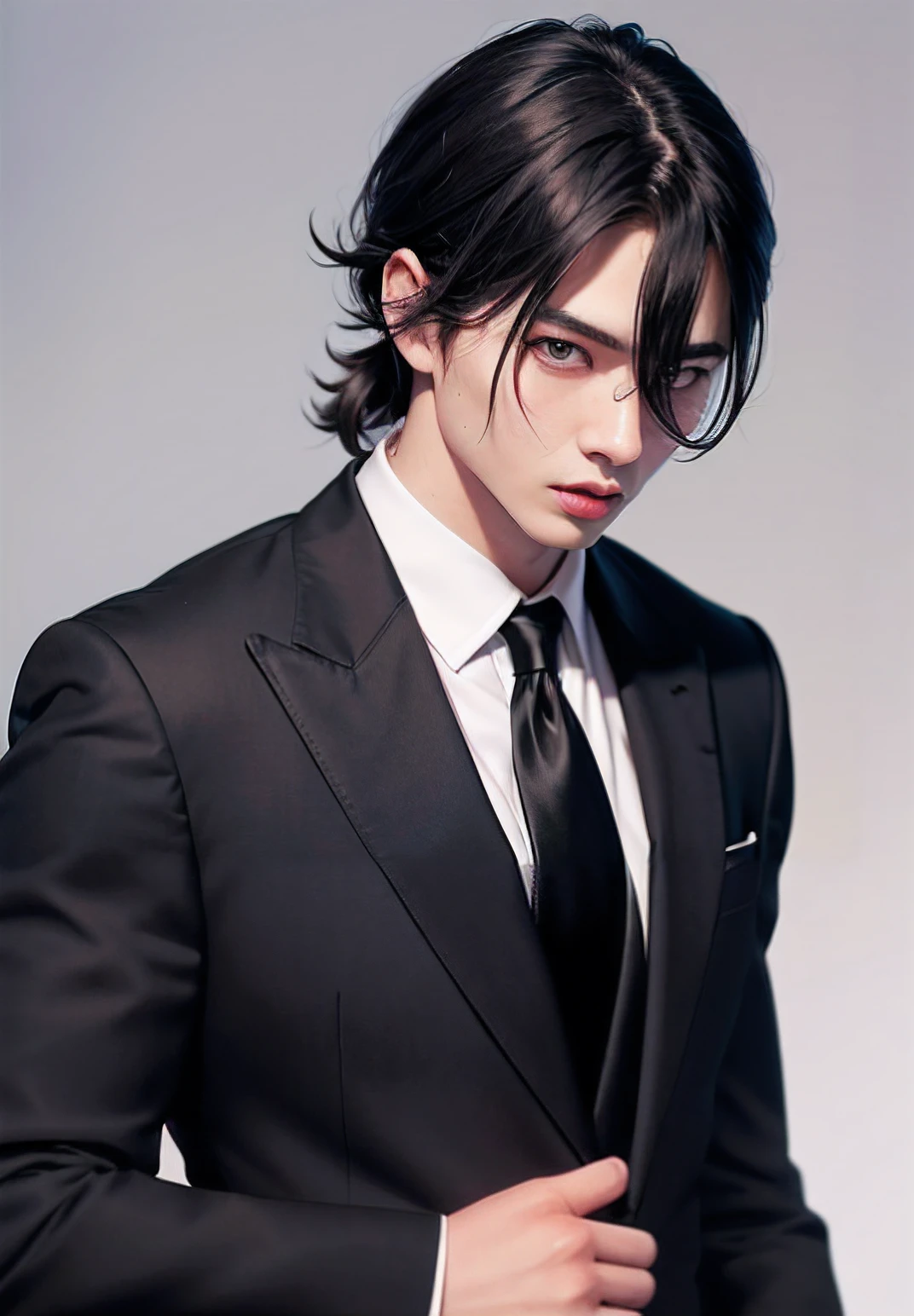 An average-sized young man. He has dull black eyes, thick brows, and mid-length black hair that he usually pulls up and ties into a man-bun, leaving half of it loose. When he wears his hair down, especially on casual days, his bangs fall unevenly across his forehead and reach past his brows, giving his hair an unkempt appearance.
He would dress in a three-piece suit for work. His suit consists of a black blazer paired with black dress pants and a gray waistcoat. Within his suit, he has a white collar. His collar and cuffs are decorated with rectangular connections, and his black and maroon tie is clipped with a tie bar. He also wears black gloves that match the rest of his outfit's color, along with dark brown leather.
He would only wear a faded black shirt underneath, a zipped style uncollared blue jacket with navy blue fitted pants and some black shoes for casual wear.
He has a far more threatening appearance than Kazuki, which is accentuated by the fact that his eyes are constantly veiled, even when his hair is pulled back, (grey coloured backgound)
Per