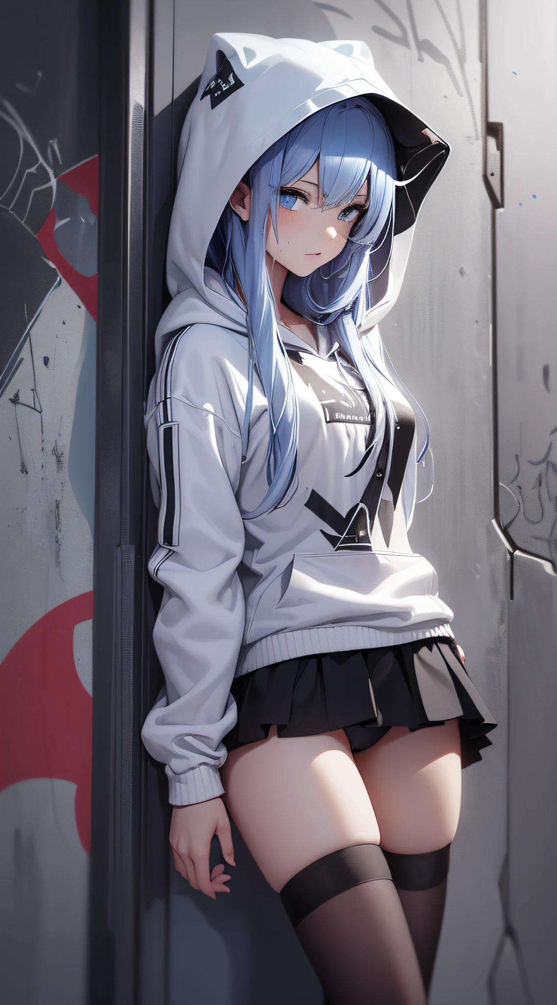top-quality、Top image quality、masterpiece、s girl((Black underwear、White hoodie with open chest、Black skirt、18year old、 Ager、Best Bust、big bast,Beautiful light blue eyes, Long silver hair、A slender,Large valleys、Reflecting the whole body、Leaning forward、Hold Sword、Wearing a hood、worried face、tension、、Sweating、take a cautious stance、Cuts on the face)),hiquality、Beautiful Art、Background with((Oshukubuki、Ruins、survival、draw graffiti on the wall))masterpiece、depth of fields,