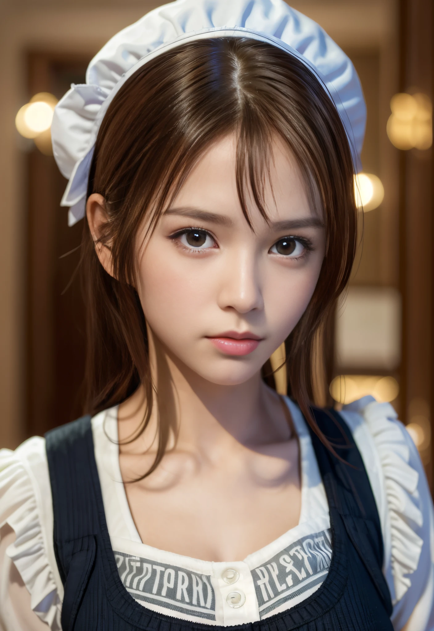 8K, of the highest quality, masutepiece:1.2), (Realistic, Photorealsitic:1.3), of the highest quality, masutepiece, Beautiful young woman, Pensive expression, Thoughtful look, Cute Maid Clothes, Hair tied back, Messy mood, Cinematic background, Tired, Light skin tone