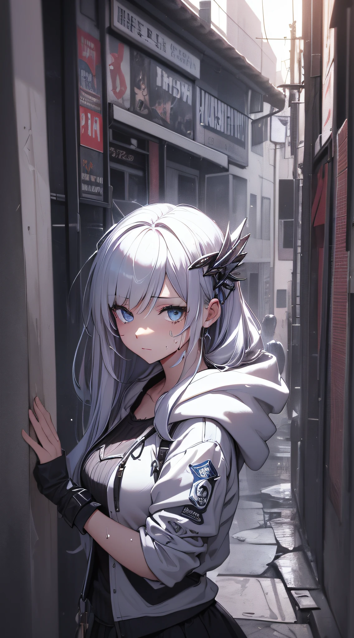 top-quality、Top image quality、​masterpiece、teens girl((Black underwear、White hoodie with open chest、Black skirt、18year old、 Ager、Best Bust、big bast,Beautiful light blue eyes, Long silver hair、A slender,Large valleys、Reflecting the whole body、Leaning forward、Hold Sword、Wearing a hood、worried face、tension、、Sweating、take a cautious stance、Cuts on the face)),hiquality、Beautiful Art、Background with((Oshukubuki、Ruins、survival、draw graffiti on the wall))​masterpiece、depth of fields,