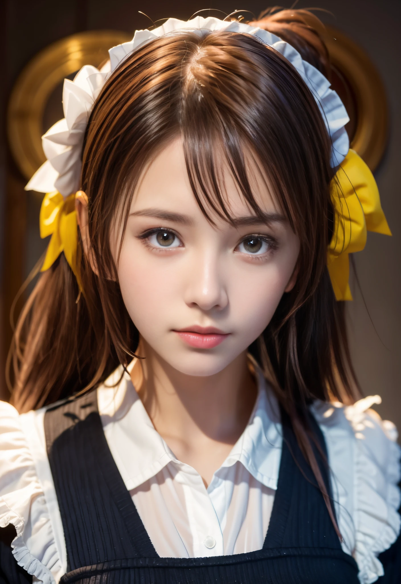 8K, of the highest quality, masutepiece:1.2), (Realistic, Photorealsitic:1.37), of the highest quality, masutepiece, Beautiful young woman, Pensive expression, Thoughtful look, Cute Maid Clothes, Hair tied back, Messy mood, Cinematic background, Tired, Light skin tone