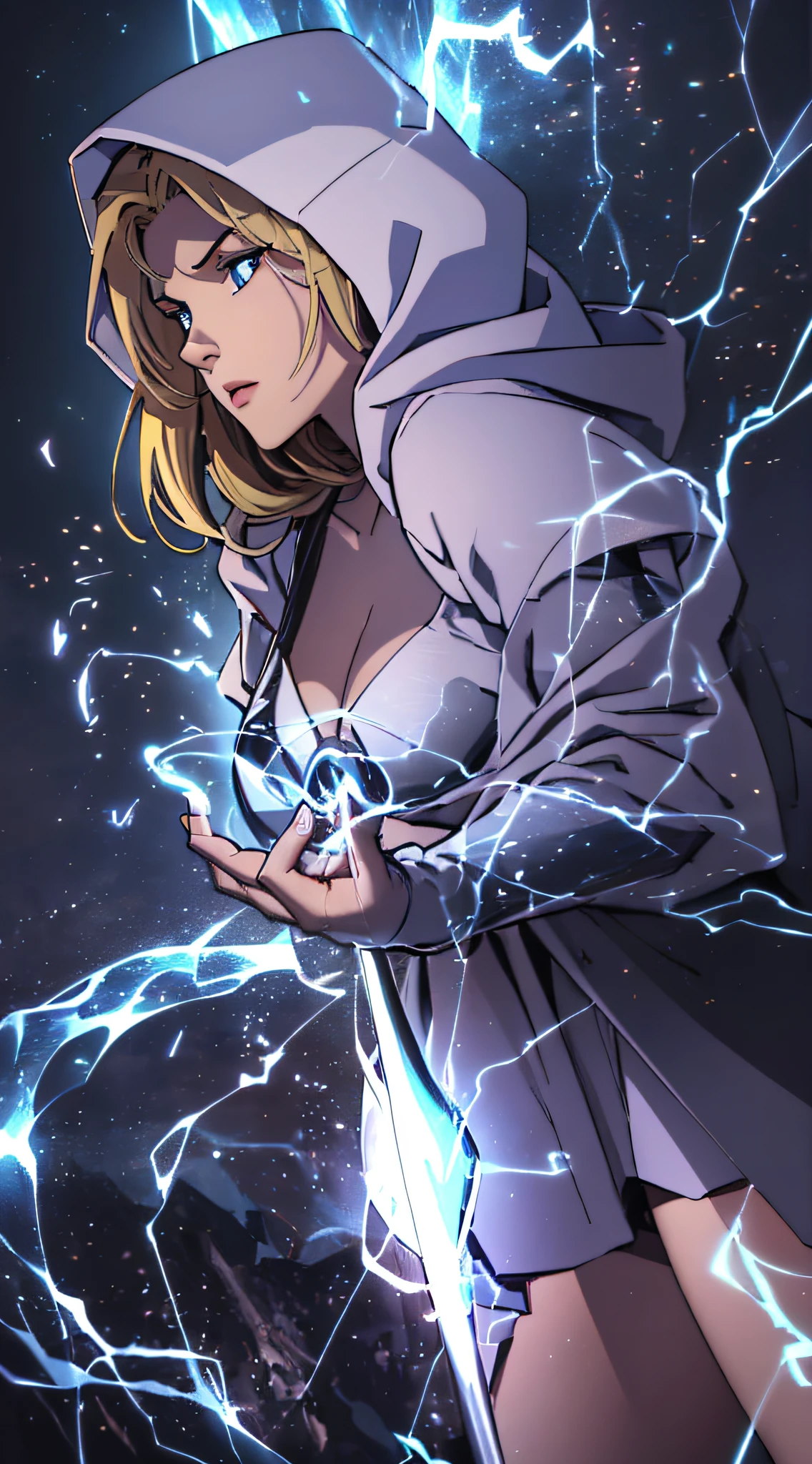 top-quality、Top image quality、masterpiece、s girl((a baby face、White hoodie with open chest、Black skirt、18year old、 Ager、Best Bust、big bast,Beautiful light blue eyes, Blonde long、A slender,Large valleys、Reflecting the whole body、Leaning forward、Alert、A blue flame aura attached to the fist flies through the sky.)),hiquality、Beautiful Art、Background with((firmament、mid air))masterpiece、depth of fields,