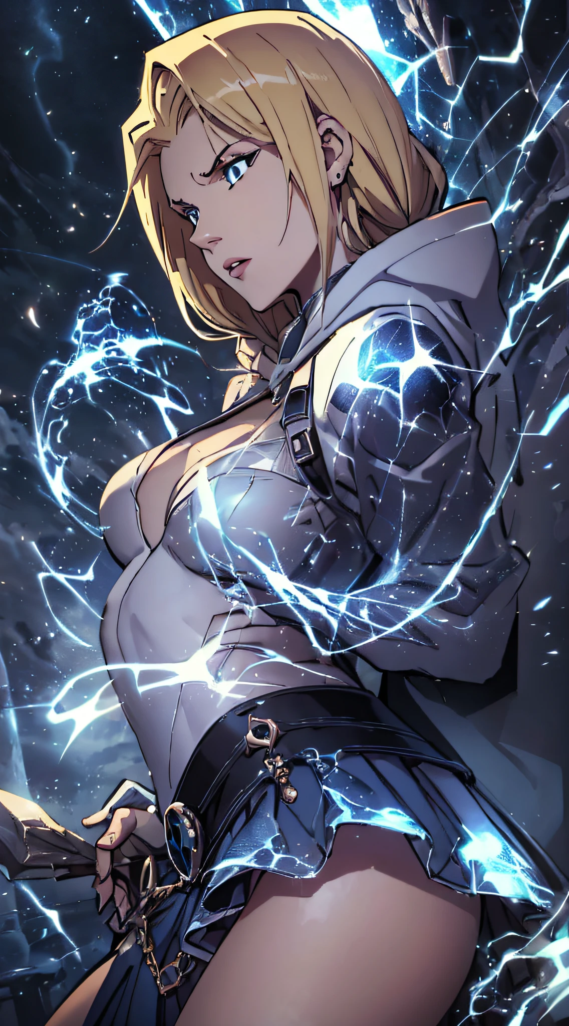 top-quality、Top image quality、​masterpiece、teens girl((a baby face、White hoodie with open chest、Black skirt、18year old、  Ager、Best Bust、big bast,Beautiful light blue eyes, Blonde long、A slender,Large valleys、Reflecting the whole body、Leaning forward、Alert、A blue flame aura attached to the fist flies through the sky.)),hiquality、Beautiful Art、Background with((firmament、mid air))​masterpiece、depth of fields,