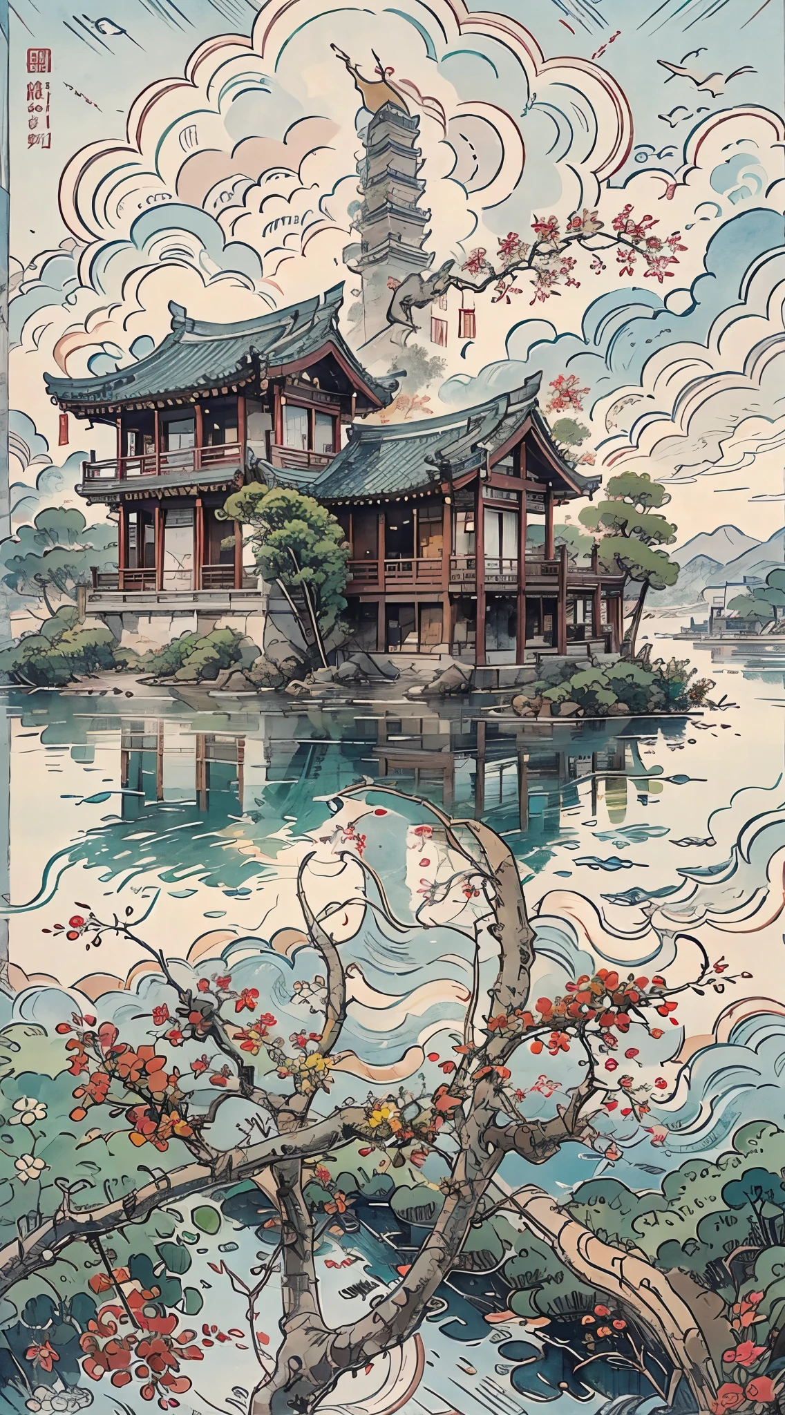 Mountain painting with a pagoda on a small island, chinese watercolor style, chinese painting style, digital painting of a pagoda, Chinese landscape, traditional Chinese watercolor painting, chinese paintings, Japan Art Style, High detail watercolor 8K, highly detailed water colour 8 k, detailed painting 4 k, author：heroes, japanese painting, author：Qu Leile