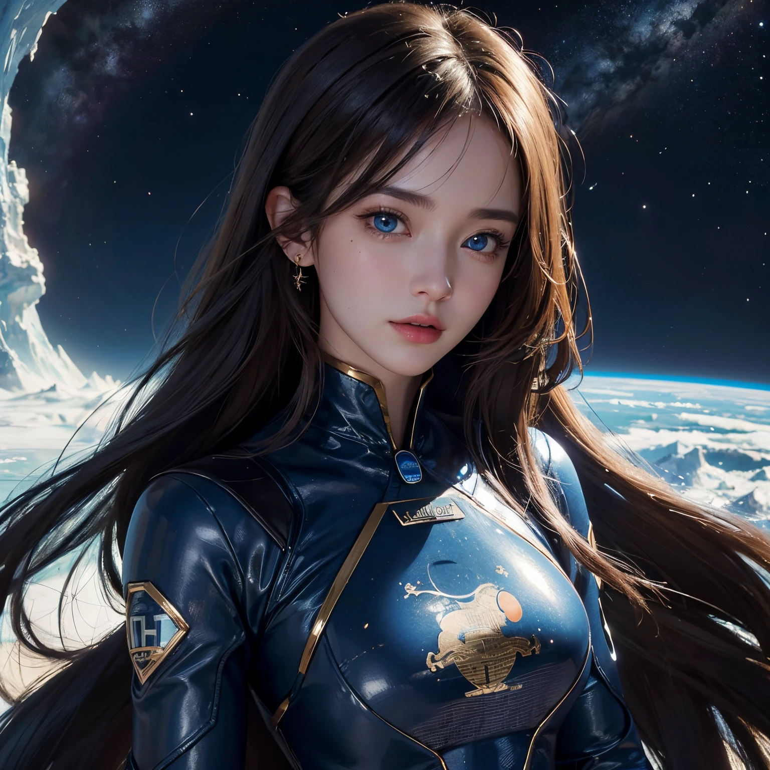 (A hyper-realistic,hight resolution, ighly detailed:1.2), (8K), (beatiful detailed eyes, A detailed face:1.2), (top-quality), (ultra-detailliert), ((masterpiece)), Beautiful woman experiencing weightlessness in outer space、Shapely、Longhaire、beautiful woman with blue eyes、Wearing a spacesuit、You can see the beautiful blue earth in the background。