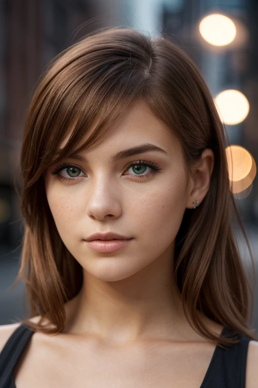 Produce a photorealistic representation of a young woman, approximately 20 years old, with brown hair and striking emerald-green eyes en boite de nuit