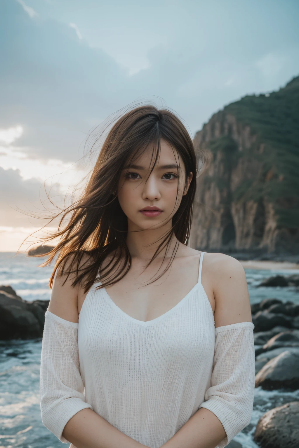 ((Top Quality)),((Masterpiece)),((Very Beautiful)), Distinctive light and shadow, One girl, Messy hair, Realistic skin texture, Strong wind, Rain, Rocky shore, Rough sea, Feminine pose