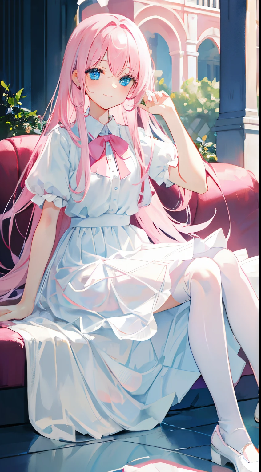 Pink hair,Blue eyes,Long whit hair,A queen,White transparent long skirt,Flirting skirts,white stockings,Pink panty,Be red in the face,ssmile,Sit on the sofa