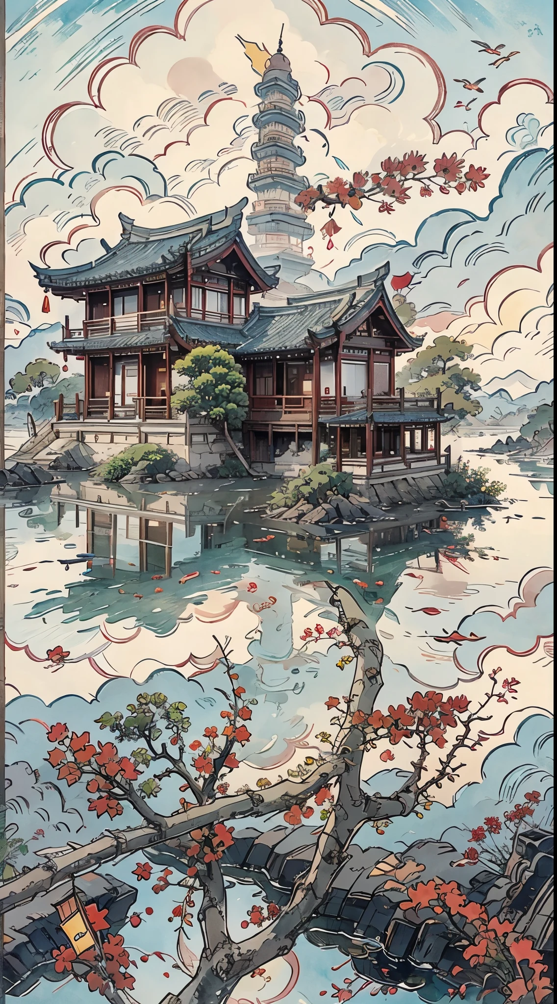 Mountain painting with a pagoda on a small island, chinese watercolor style, chinese painting style, digital painting of a pagoda, Chinese landscape, traditional Chinese watercolor painting, chinese paintings, Japan Art Style, High detail watercolor 8K, highly detailed water colour 8 k, detailed painting 4 k, author：heroes, japanese painting, author：Qu Leile，Light and dark are clear