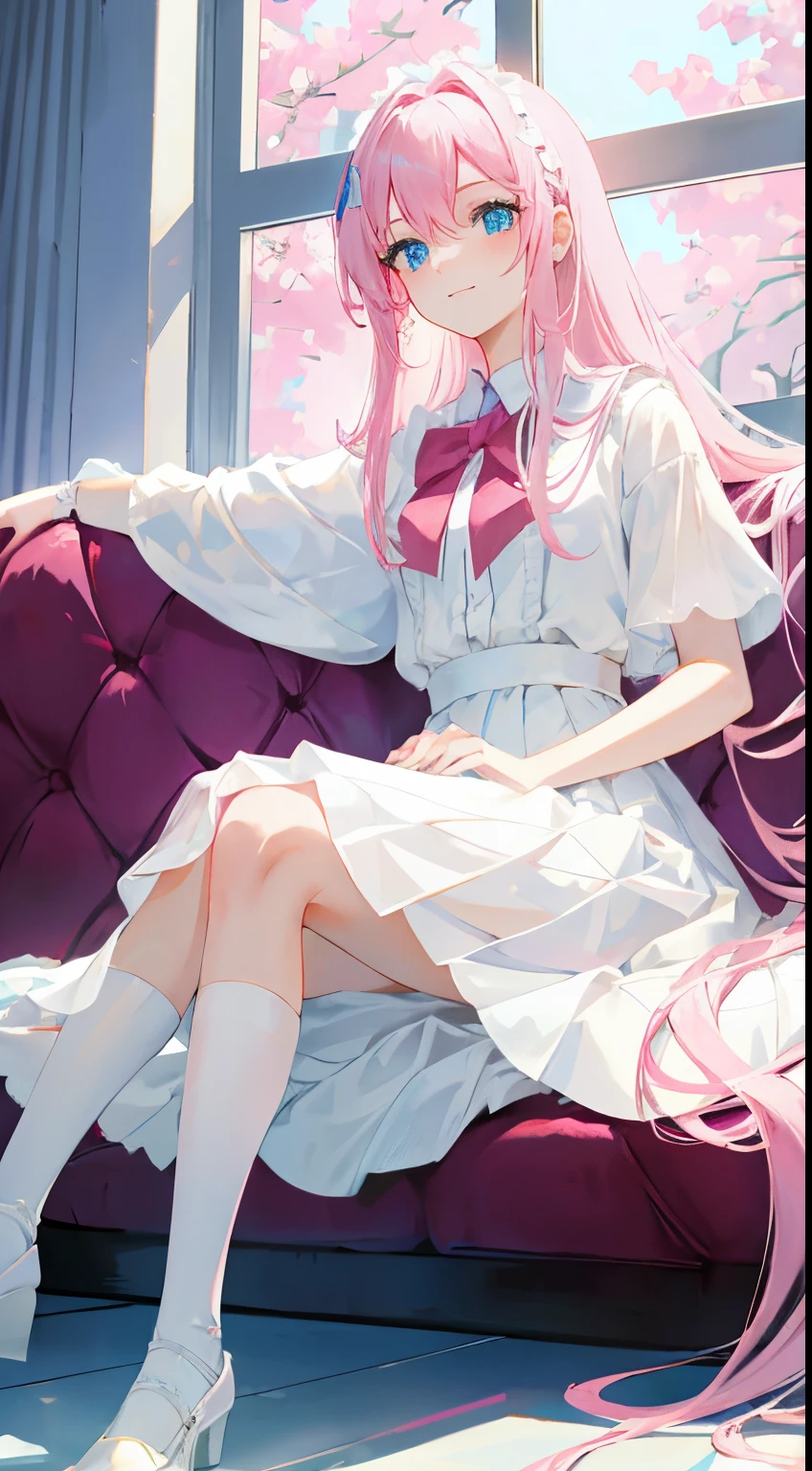 ((Best Quality)), (Masterpiece: 1.2), (Delicate Beautiful Girl), Illustration, 1 Girl, Long Pink Hair, Blue Eyes, White Shirt Skirt, Luxurious Room, Sofa, Red Wine