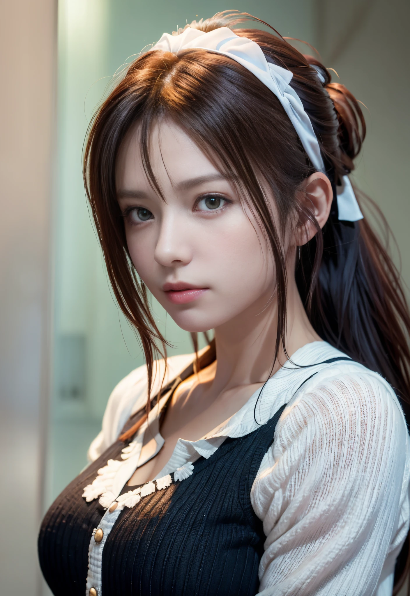 8K, of the highest quality, masutepiece:1.2), (Realistic, Photorealsitic:1.37), of the highest quality, masutepiece, Beautiful young woman, Pensive expression, Thoughtful look, Cute Maid Clothes, Hair tied back, Messy mood, Cinematic background, Tired, Light skin tone