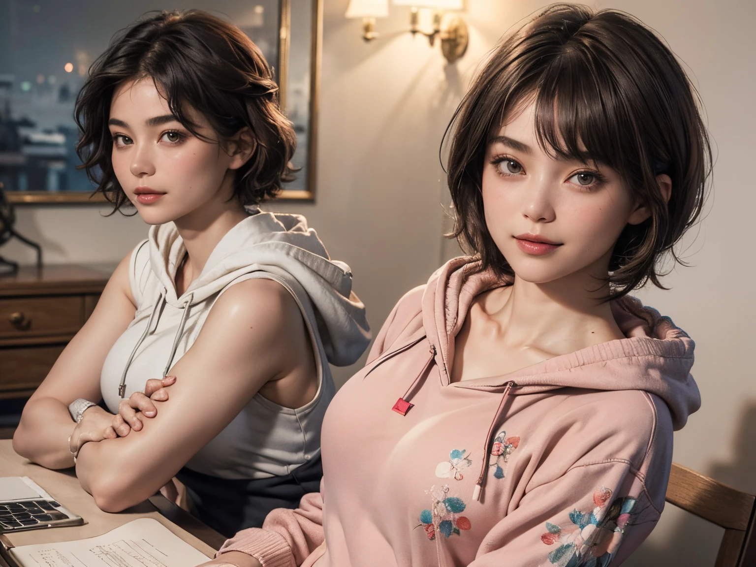 132
(a 20 yo woman,Wearing sportswear), (A hyper-realistic), (high-level image quality), ((beautiful hairstyle 46)), ((short-hair:1.46)), (Gentle smile), (breasted:1.46), (lipsticks), (Large room), (florals), (wearing hoodies)