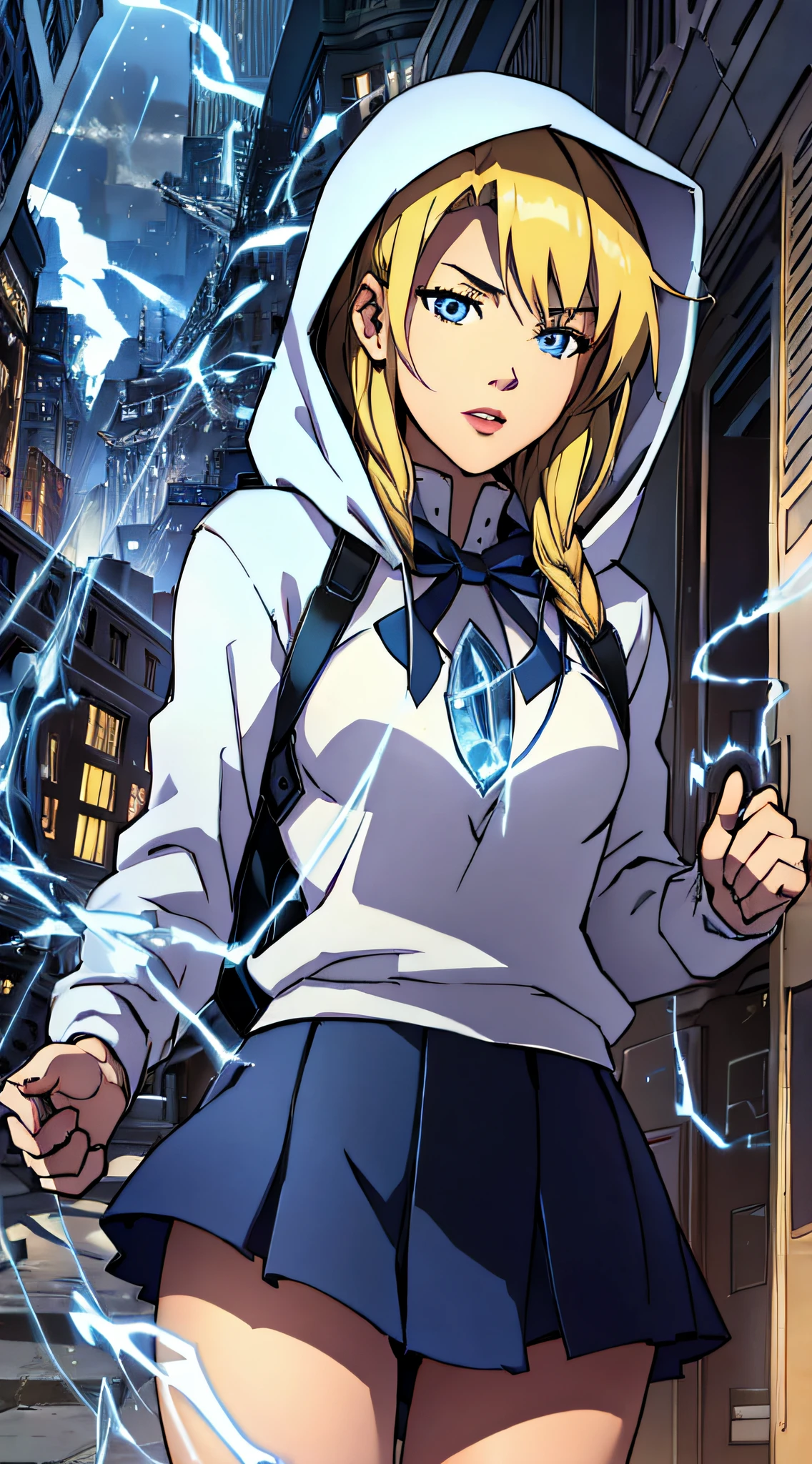 top-quality、Top image quality、masterpiece、teens girl((、White hoodie with open chest、Black skirt、18year old、 Ager、Best Bust、big bast,Beautiful light blue eyes, Blonde long、A slender,Large valleys、Reflecting the whole body、Superhero Landing、Alert、Blue flame aura on fist)),hiquality、Beautiful Art、Background with((Streets of New York))masterpiece、depth of fields,