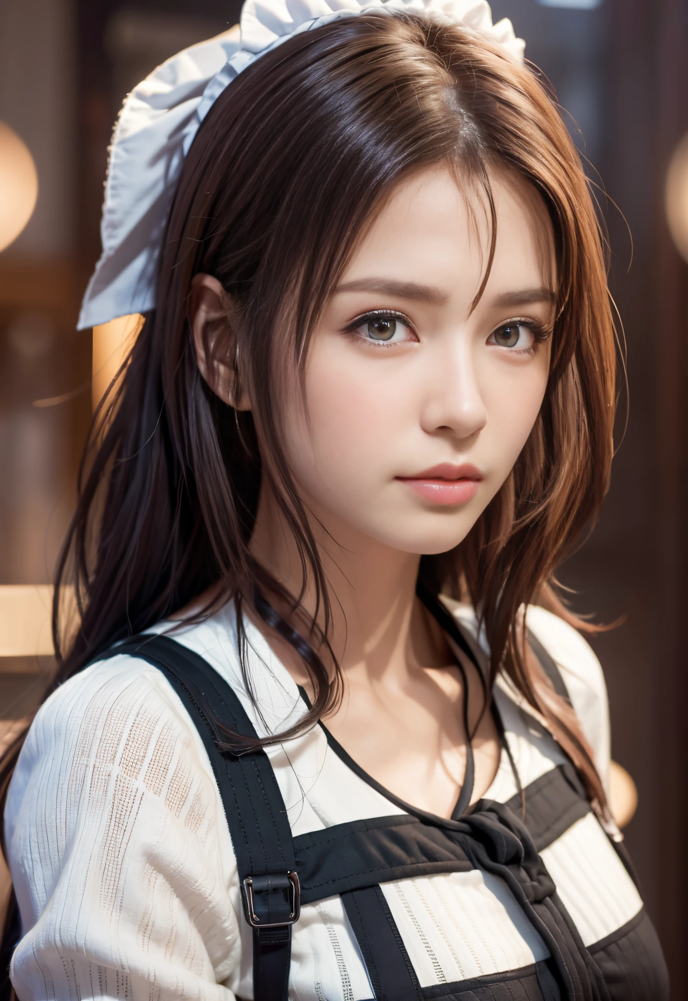 8K, of the highest quality, masutepiece:1.2), (Realistic, Photorealsitic:1.3), of the highest quality, masutepiece, Beautiful young woman, Pensive expression, Thoughtful look, Cute Maid Clothes, Hair tied back, Messy mood, Cinematic background, Tired, Light skin tone