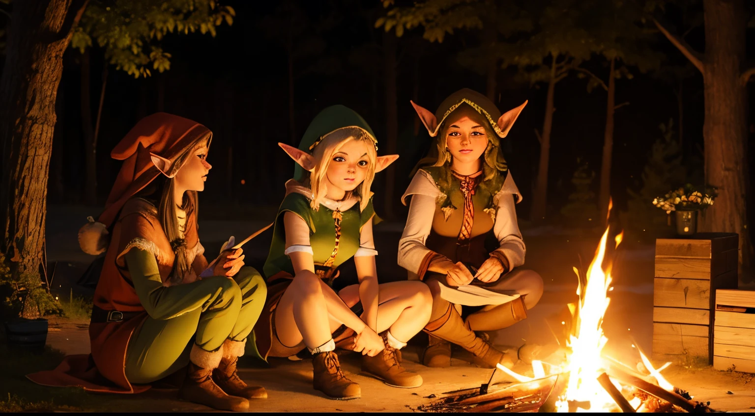 Three female elves around a bonfire at a campsite